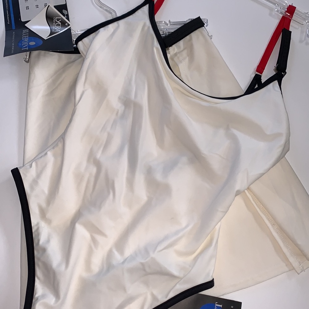 NWT black, red & white 1-piece bikini w/ skirtwrap